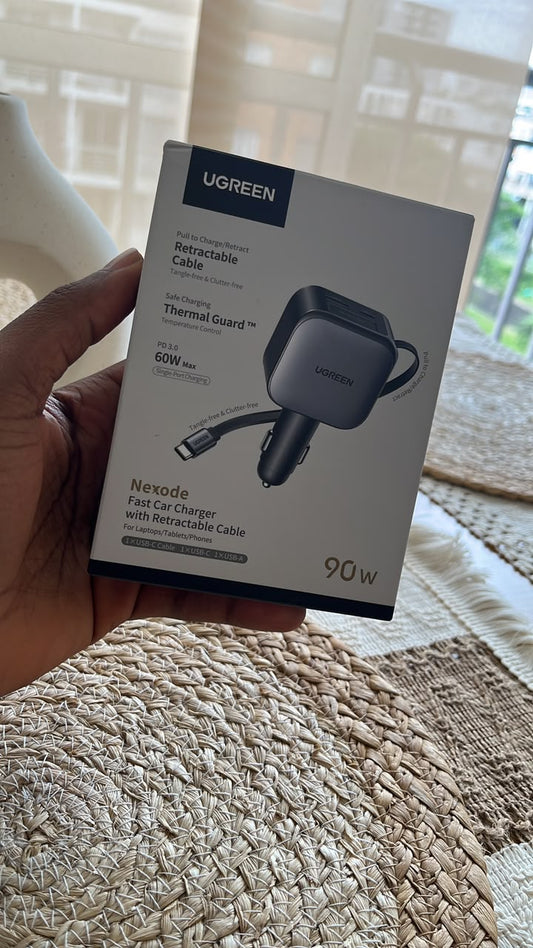 Cargador de Carro UGREEN Nexode 90W Original | Cable Retráctil USB-C | Carga Rápida